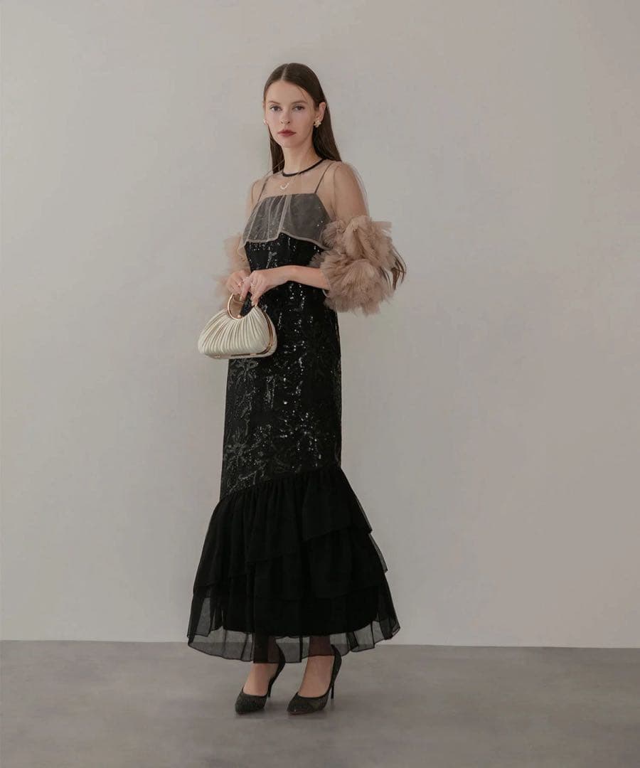 leja フラワースパンコールチュールフリルスリーブIラインワンピースドレス 黒