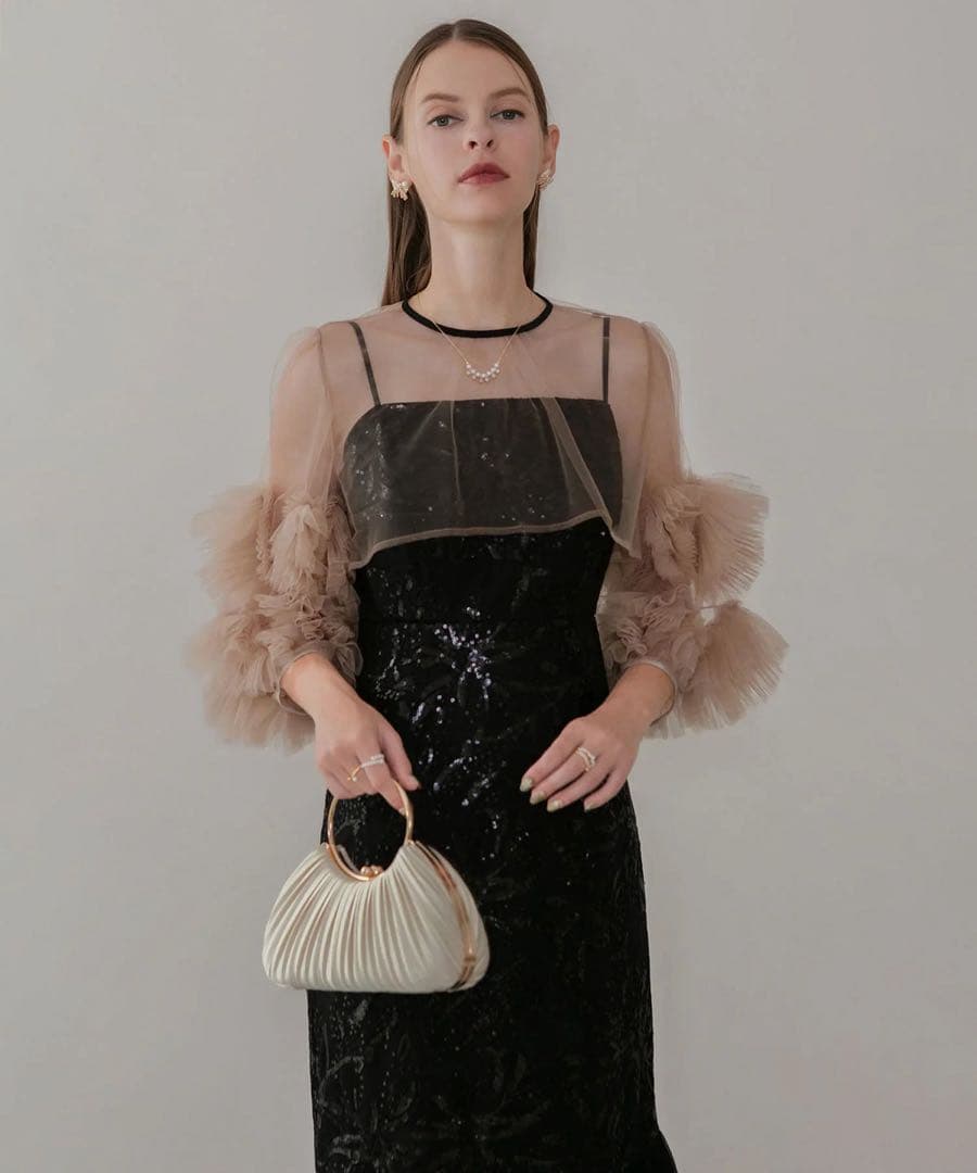 leja フラワースパンコールチュールフリルスリーブIラインワンピースドレス 黒