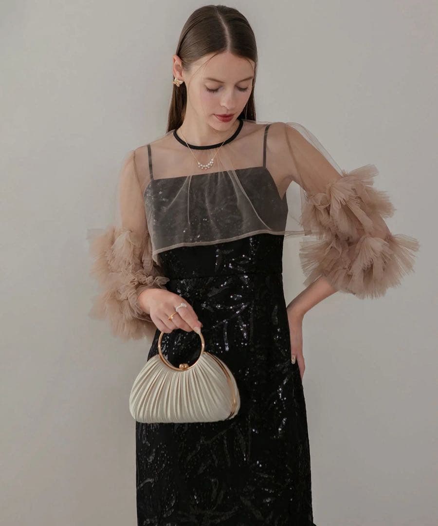 leja フラワースパンコールチュールフリルスリーブIラインワンピースドレス 黒