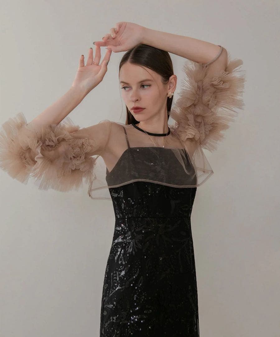 leja フラワースパンコールチュールフリルスリーブIラインワンピースドレス 黒