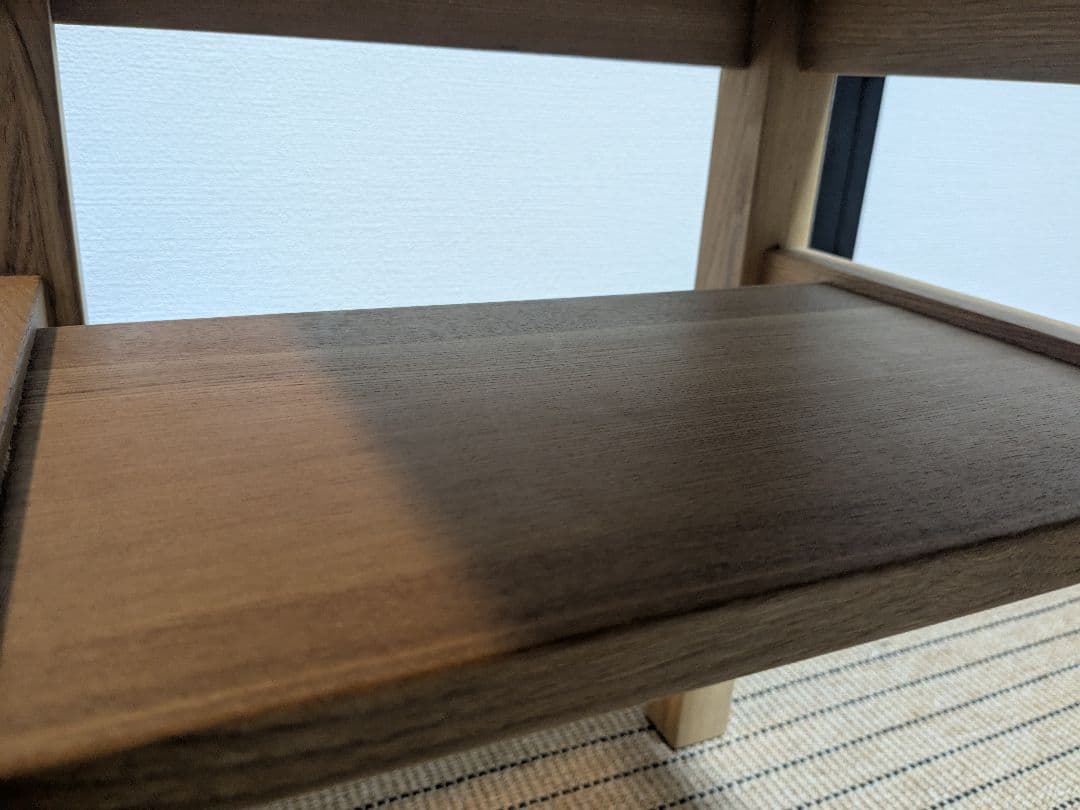 ●　無印良品、サイドテーブルベンチ、タモ材、棚付き、送料込み