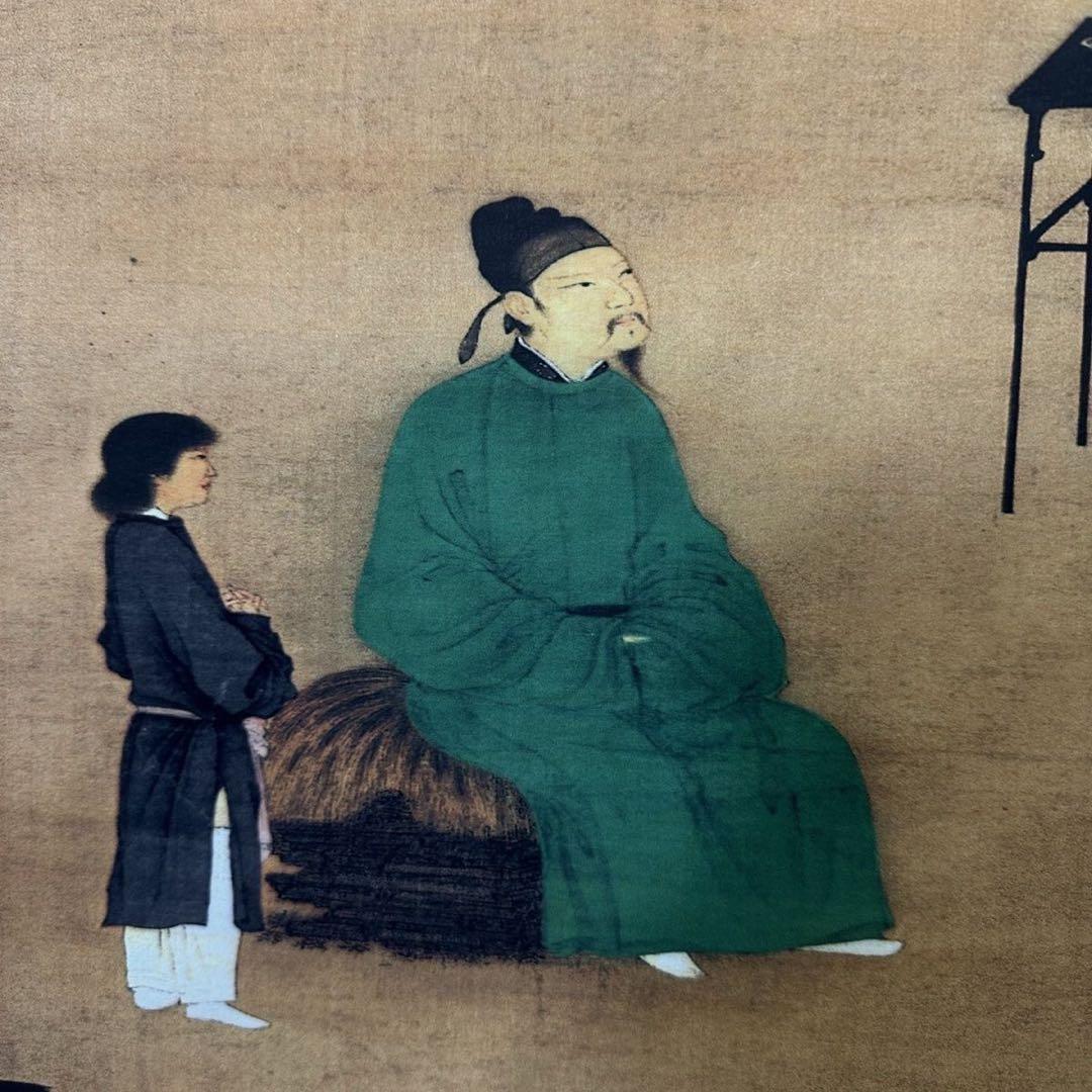 中国画 趙佶 聴琴図 三尺中堂 掛け軸／防偽マーク付き