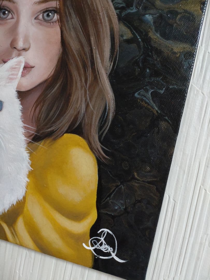 女性と猫の油絵【白猫と女性】1点物の原画/作者サイン入り/キャンバス/人物画