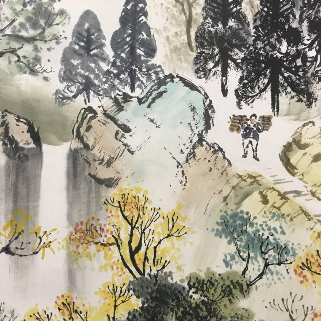 【真作】淇水/錦秋帰樵図/秋山帰樵図/秋景山水図/掛軸☆宝船☆AB-661