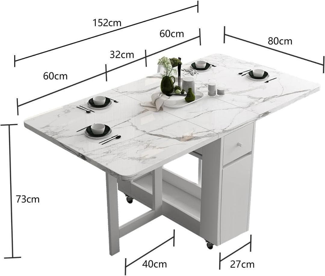 折りたたみダイニングテーブル 引き出し付き 伸縮式 収納棚付き 大理石風
