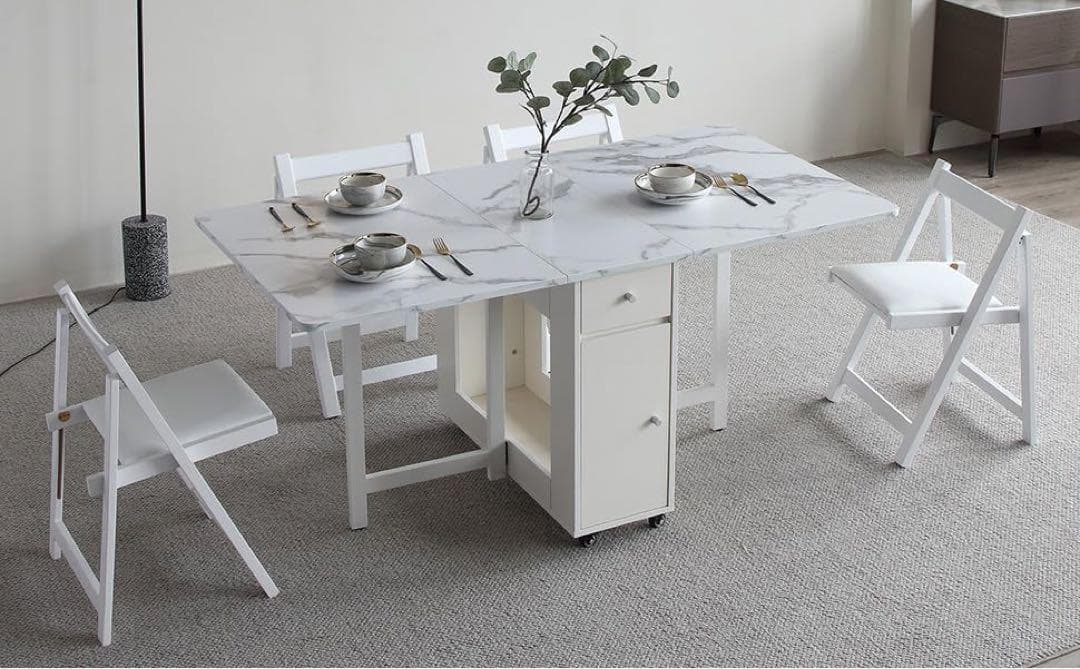 折りたたみダイニングテーブル 引き出し付き 伸縮式 収納棚付き 大理石風