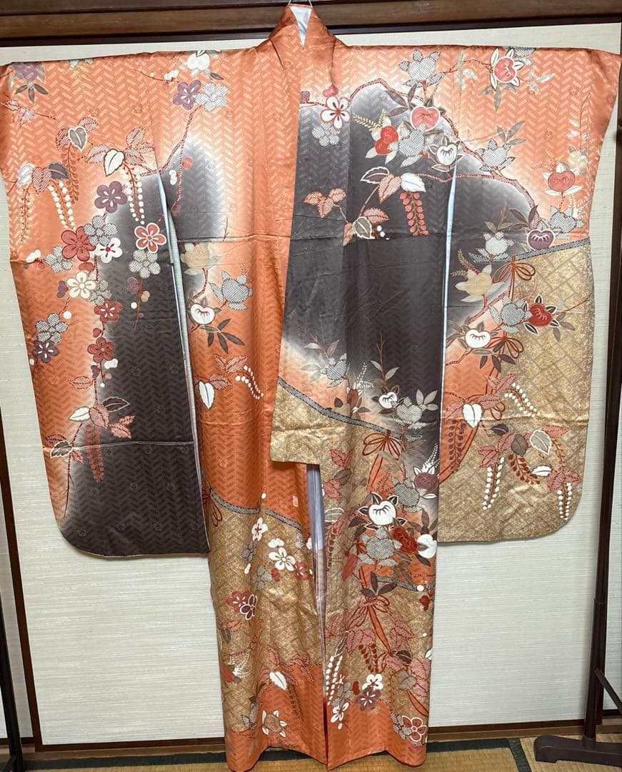 吾妻徳穂 落款あり 身丈158 オレンジ桜橘 振袖