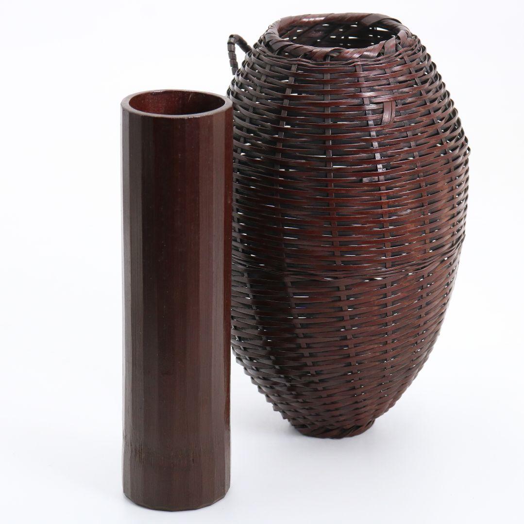 田辺竹雲斎作 壷形 掛花籠 古竹細工 共箱共布　rV750　DD