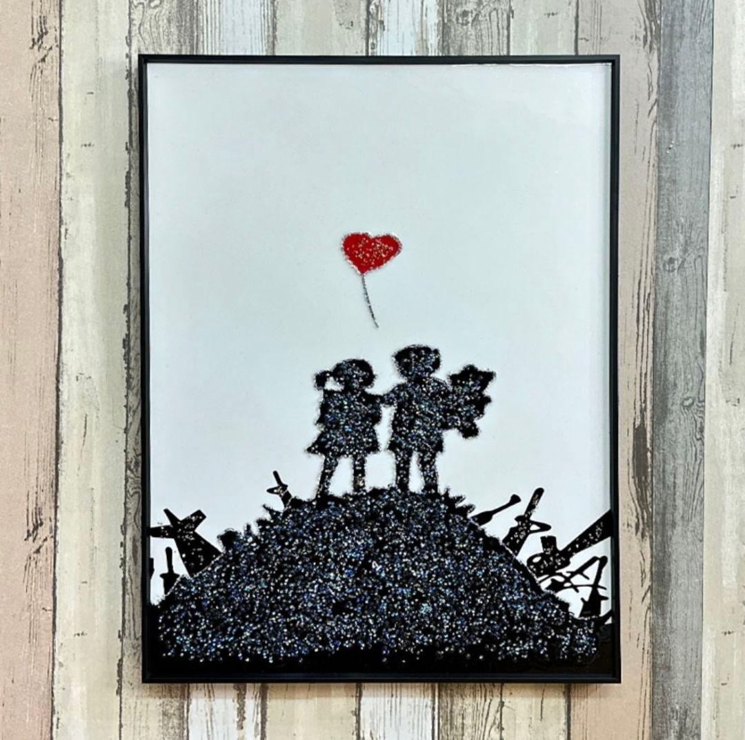 ストーン アートパネル 子供とハートの風船 60x80cm