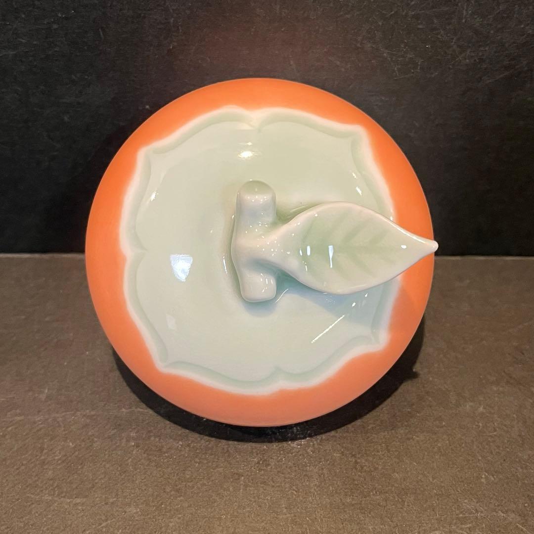 未使用　人間国宝 井上萬二「彩釉 柿 香合」共箱共布陶歴あり