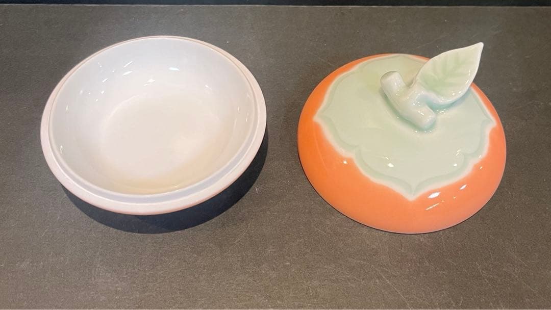 未使用　人間国宝 井上萬二「彩釉 柿 香合」共箱共布陶歴あり