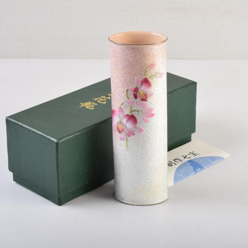 七宝焼　桃釉　花文　花瓶　箱付　V　9150