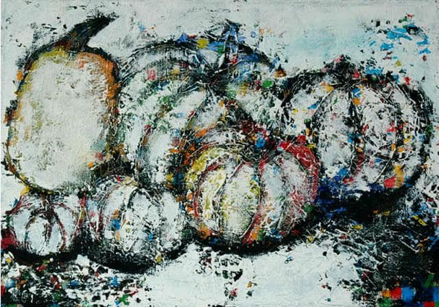 油絵 菅家令子 絵 絵画インテリア 額付(青緑＋金色の枠)uF6-030114