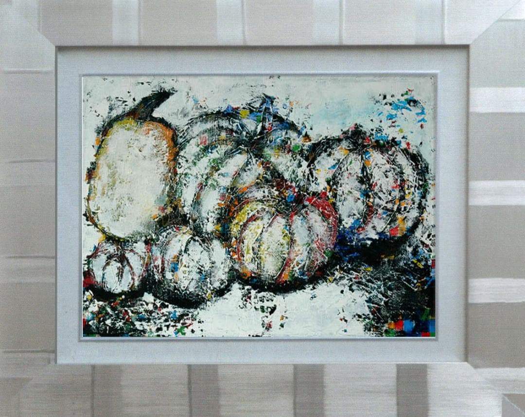 油絵 菅家令子 絵 絵画インテリア 額付(青緑＋金色の枠)uF6-030114