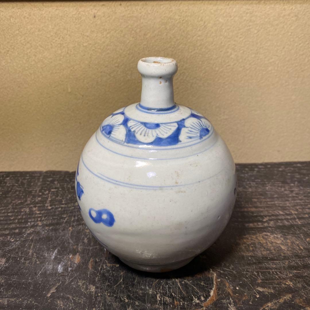 江戸時代　染付波千鳥丸徳利14.5cm10cm