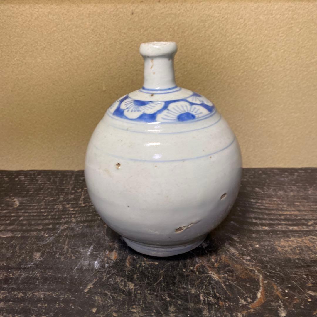 江戸時代　染付波千鳥丸徳利14.5cm10cm