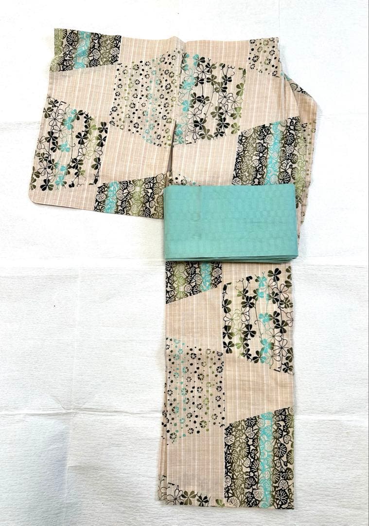 竺仙　浴衣　綿紬　クローバー　美品　竺仙半幅帯セット