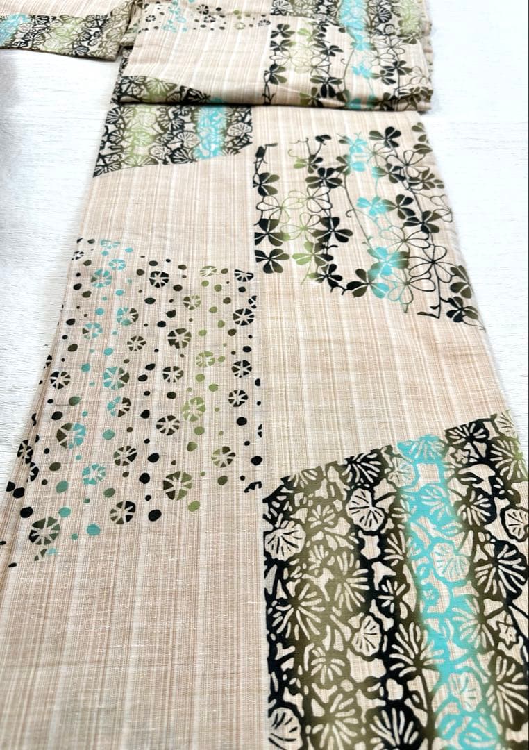 竺仙　浴衣　綿紬　クローバー　美品　竺仙半幅帯セット