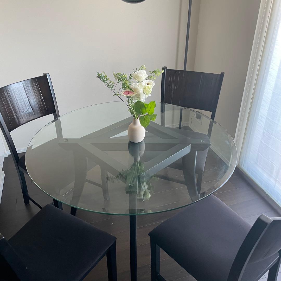 直径110cmガラスラウンド ダイニングテーブル & ダイニングチェア4脚セット