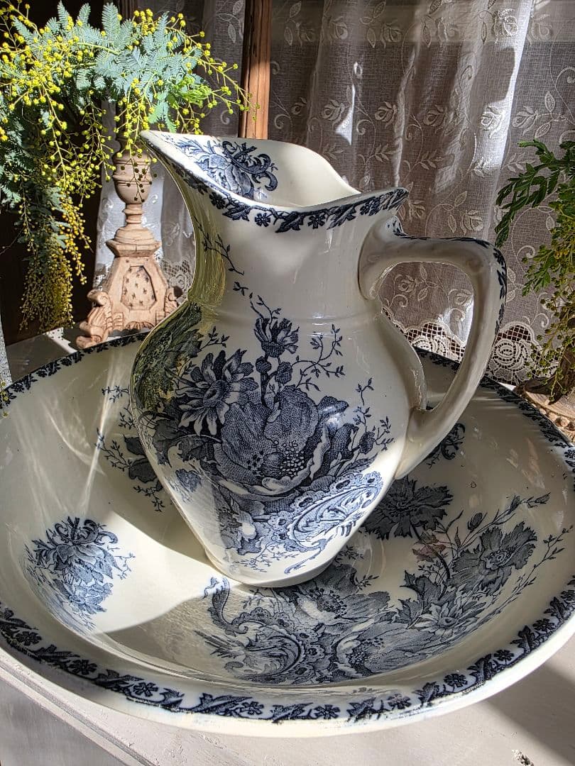 Saint-Amand窯のアンティークピシェとベイスン Anemoneアネモネ