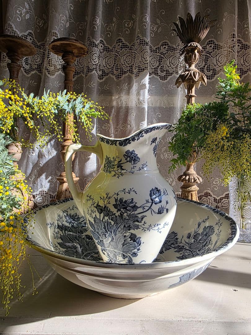 Saint-Amand窯のアンティークピシェとベイスン Anemoneアネモネ