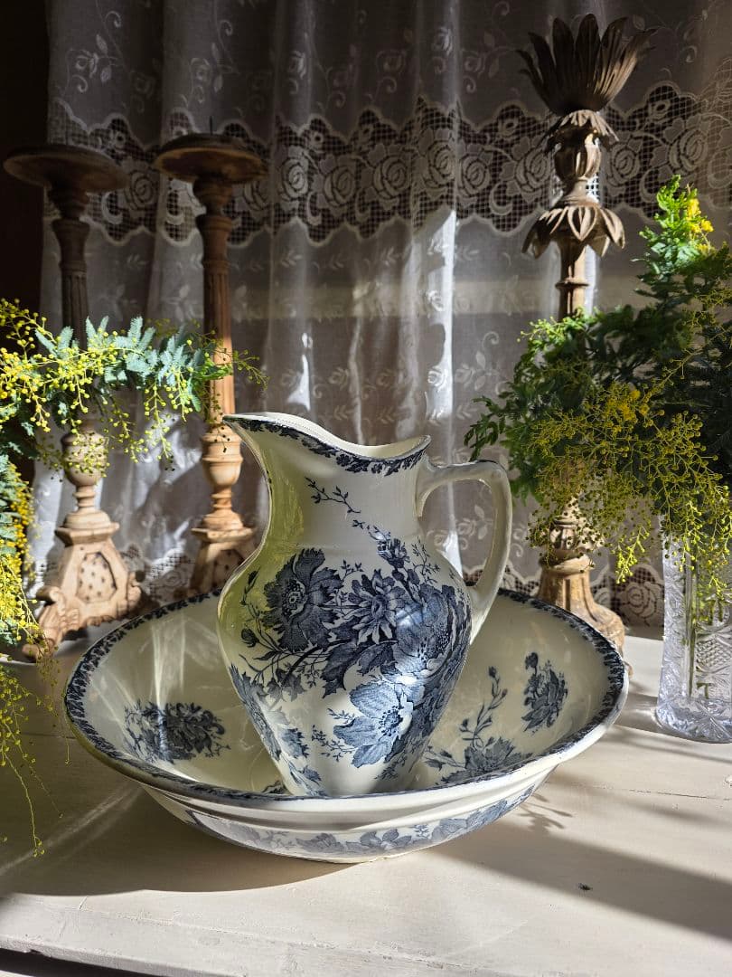 Saint-Amand窯のアンティークピシェとベイスン Anemoneアネモネ