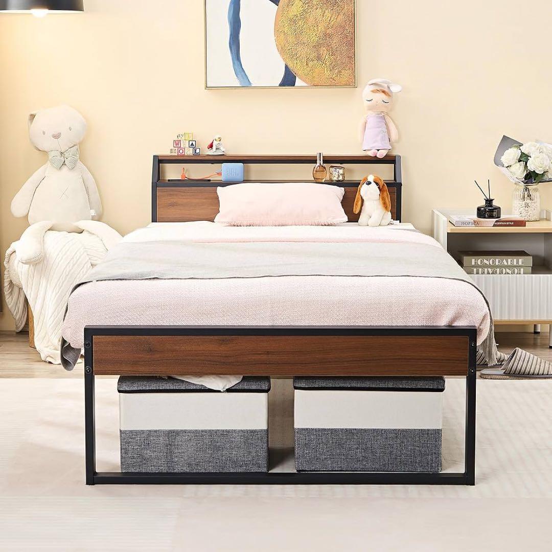 【大特価】ベッドフレーム シングル 2口コンセント&USB充電付きスチールベッド