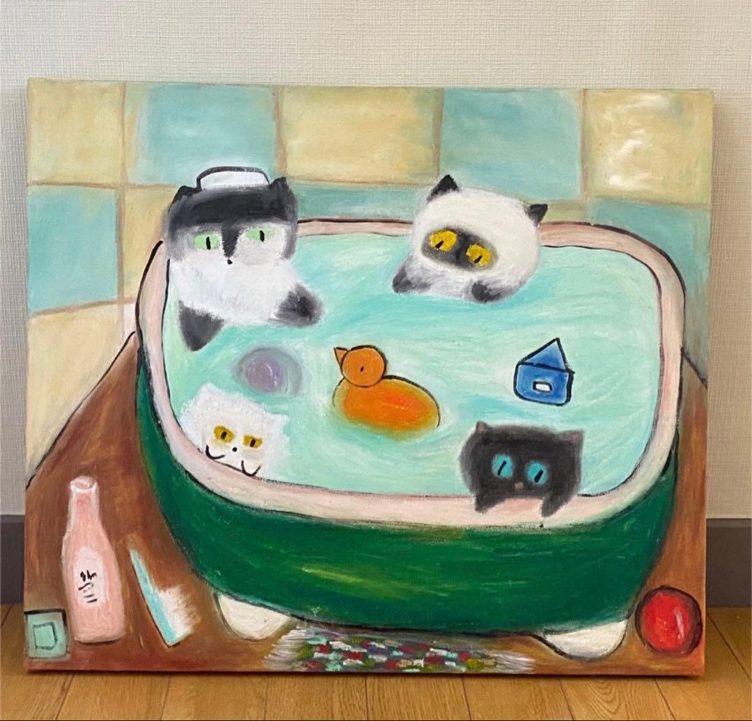 絵画。原画☆キャンバスF10【かわいい猫たちが一緒に香ばしいお風呂に入ります】