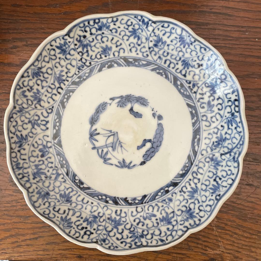 古伊万里　微塵唐草図　染付　なます皿　輪花　松文様　中皿