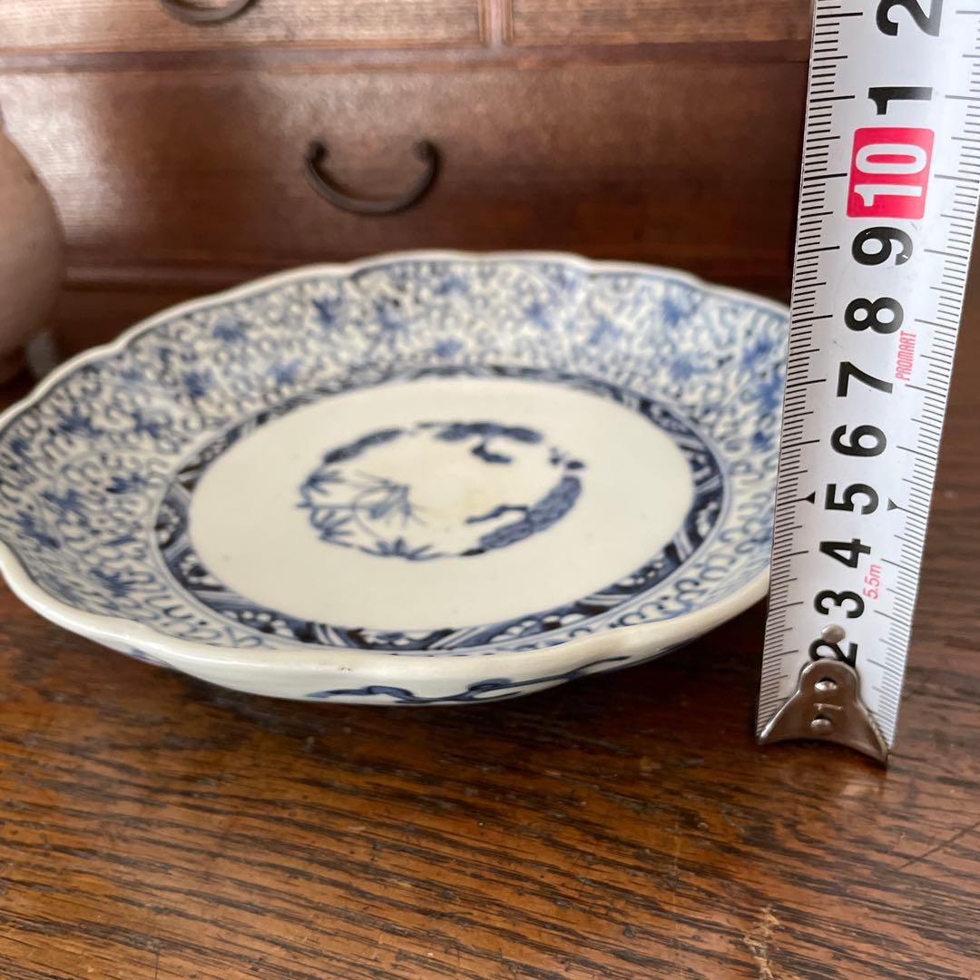 古伊万里　微塵唐草図　染付　なます皿　輪花　松文様　中皿