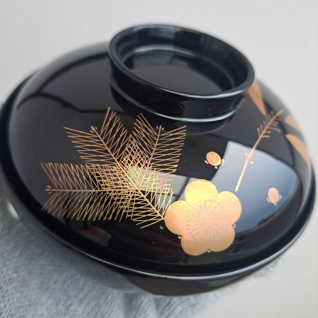 【越前\"河和田漆器　松竹梅\"蒔絵御吸物椀×5客】天然木製　祖雅堂　未使用/長期