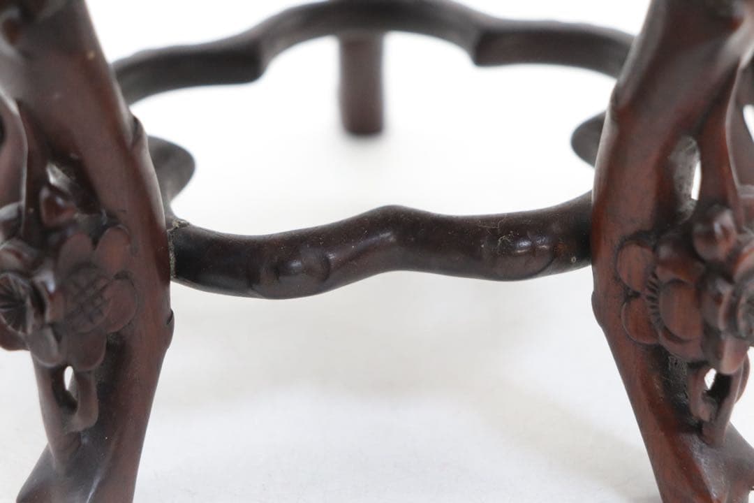 中国　梅彫　大理石嵌唐木花台　茶道具　送料込み260113