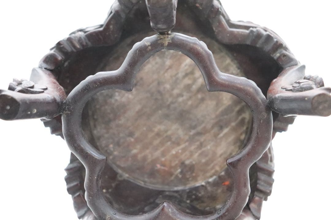 中国　梅彫　大理石嵌唐木花台　茶道具　送料込み260113