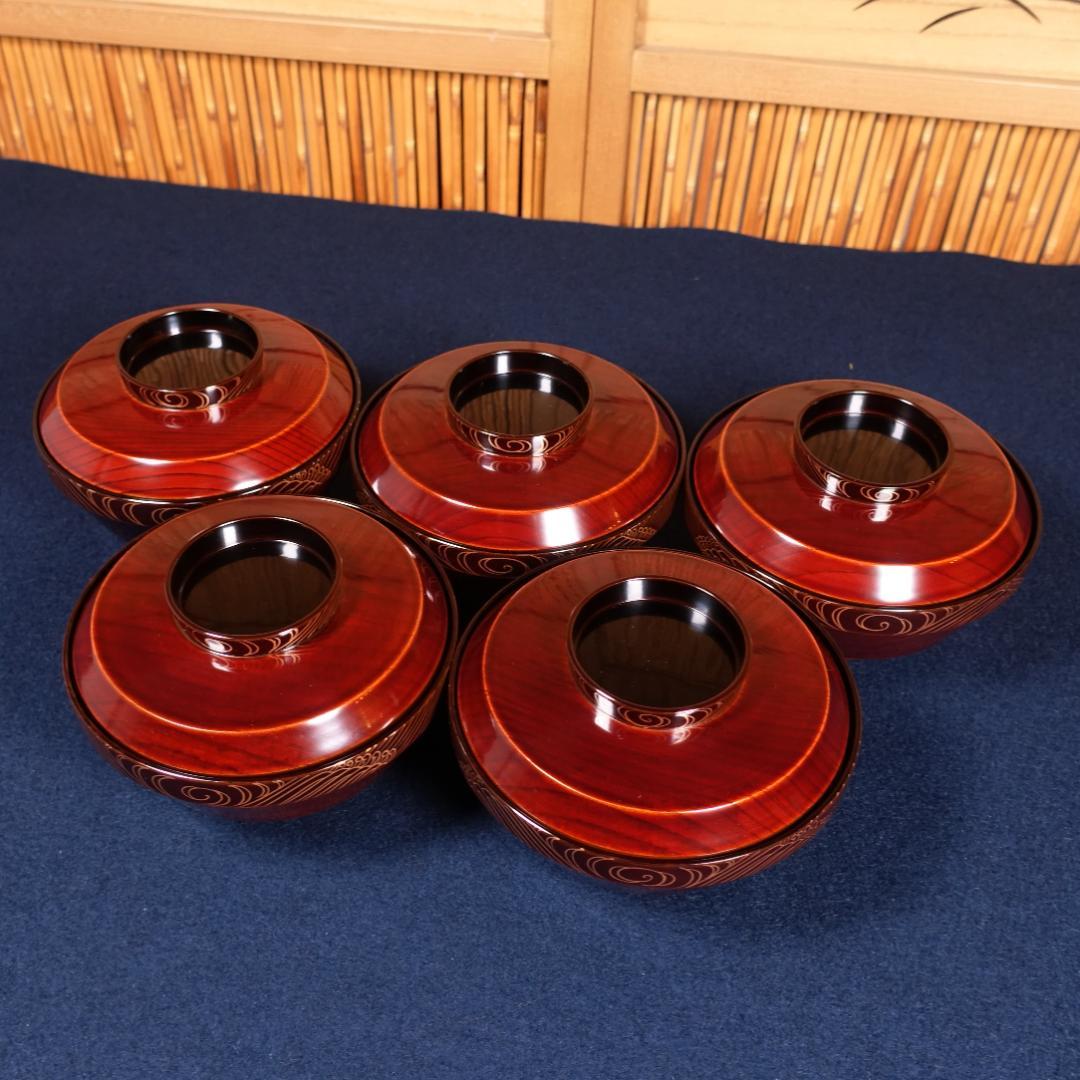 京漆匠 平安象彦 木地 内黒塗 波蒔絵 煮物椀 5客 共箱