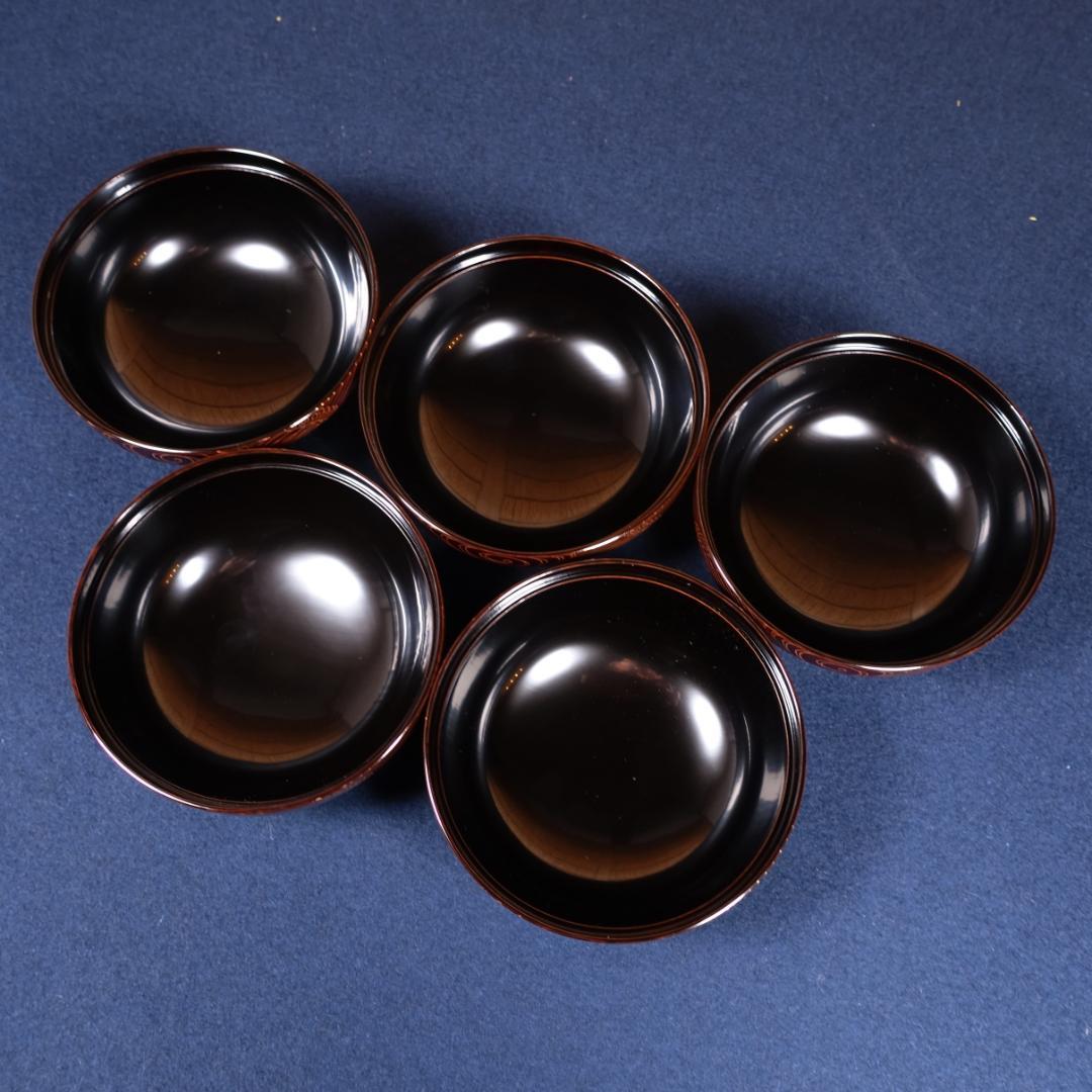 京漆匠 平安象彦 木地 内黒塗 波蒔絵 煮物椀 5客 共箱