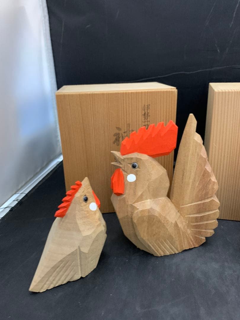 一刀彫師 中村良記作 干支の置物 酉 神鶏 雄雌2羽セット×2/ 1羽　共箱