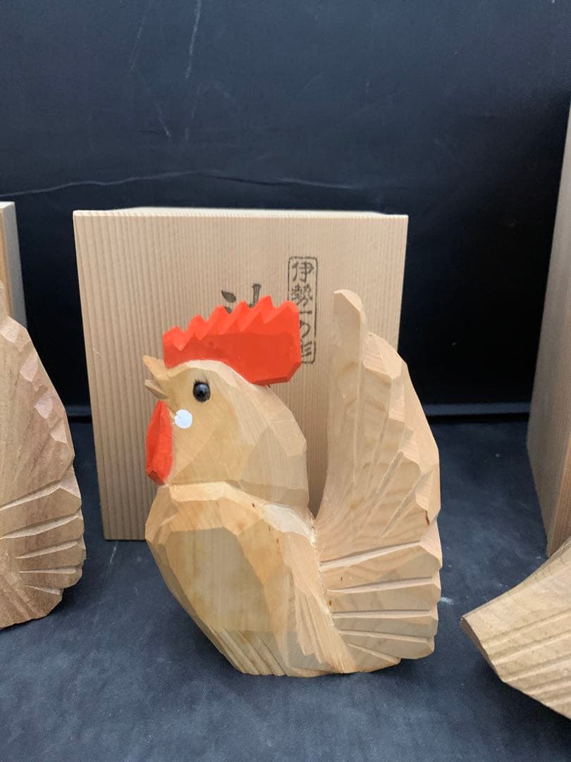 一刀彫師 中村良記作 干支の置物 酉 神鶏 雄雌2羽セット×2/ 1羽　共箱