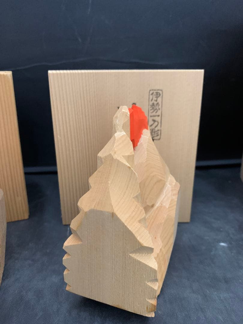 一刀彫師 中村良記作 干支の置物 酉 神鶏 雄雌2羽セット×2/ 1羽　共箱