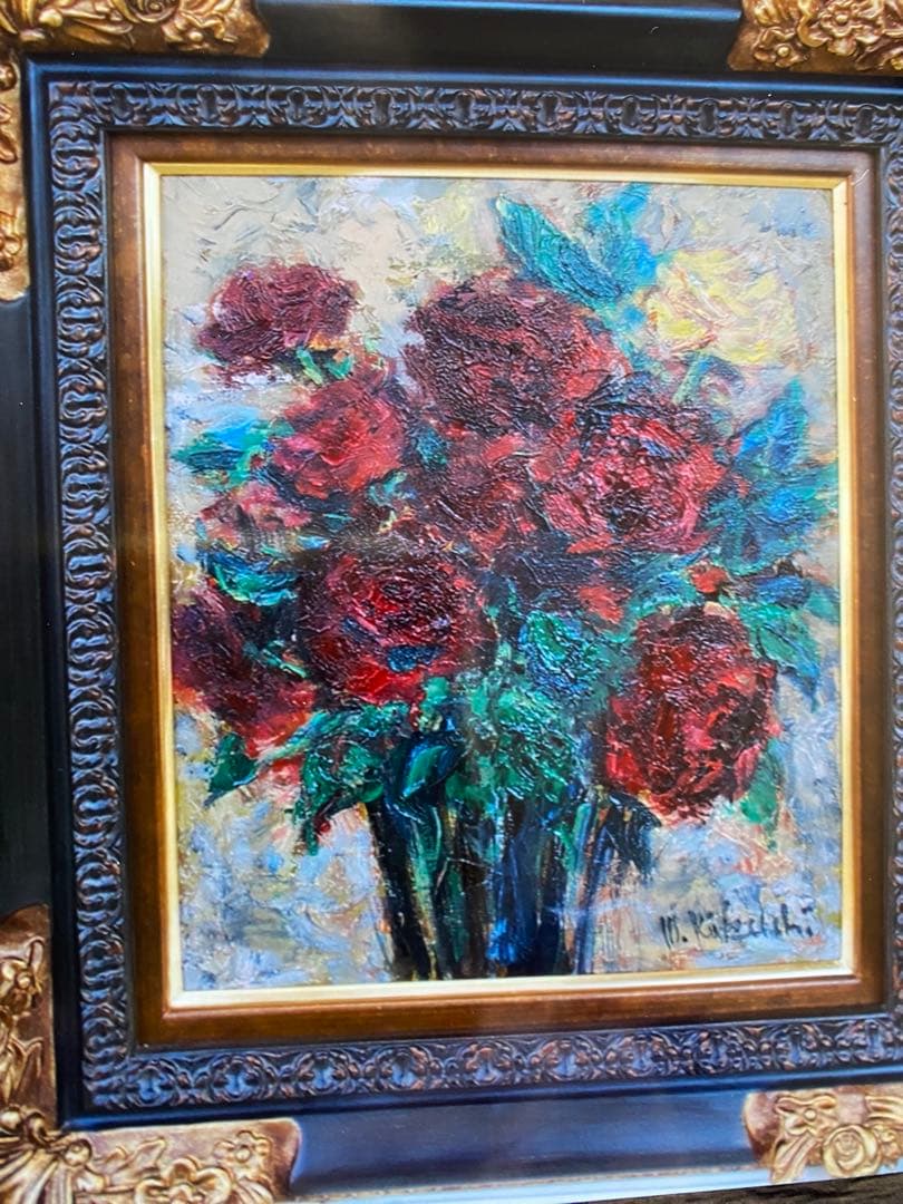 菊地正則　「ばら」(黒真珠 )を描いた油彩画　油絵パリ真作ゴージャス　美しい青！