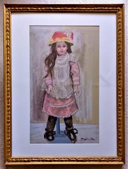 小島俊男　タイトル「人形」　パステル画　サインあり　金縁額装　黄袋、専用箱付き