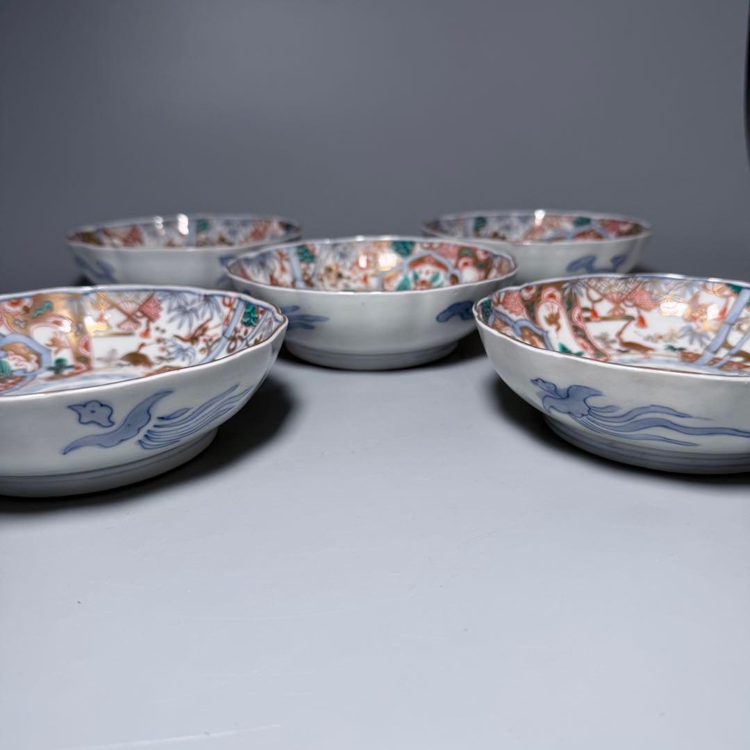 専用出品　幕末〜明治期　金蘭手　膾皿　五客　松竹梅　鶴　扇子　角冨印　上物