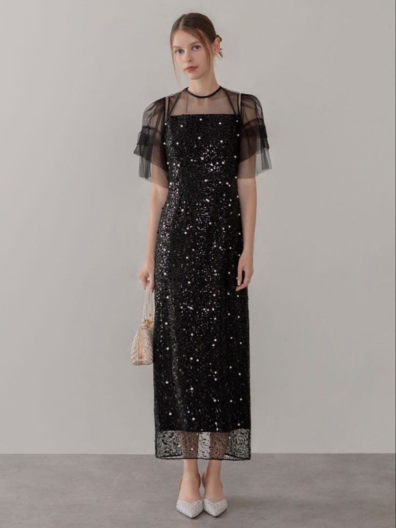 スパンコールパールミックスボレロIラインワンピースドレス結婚式二次会パーティー