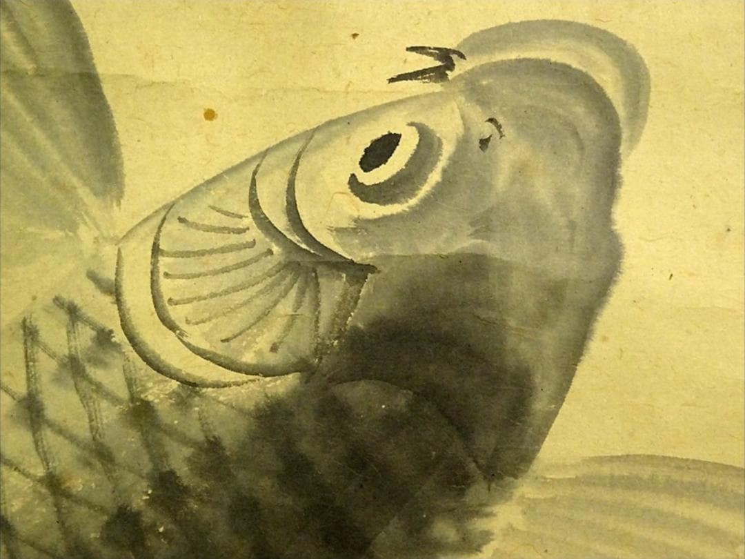 掛軸 米村観嶺『跳鯉図』紙本 肉筆 無地箱付 掛け軸 a062810