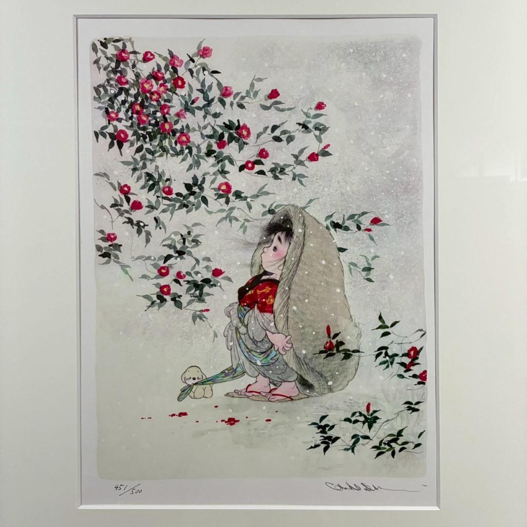 【最終値下げ】美品 中島潔「寒椿」リトグラフ 直筆サイン入り あずま工芸 額縁入