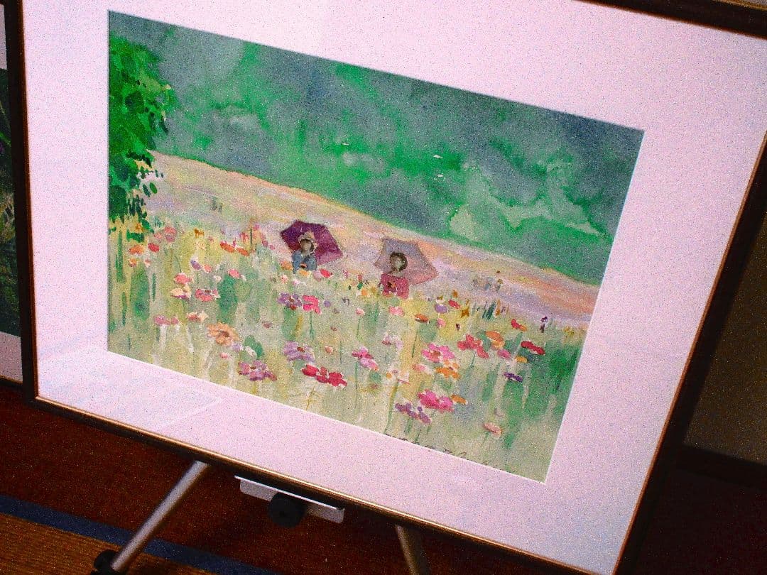 水彩画 ポピーの咲く公園 額縁付き