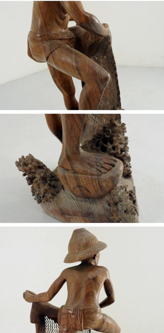 ★高級チーク無垢一本彫り 木彫『投網の男』