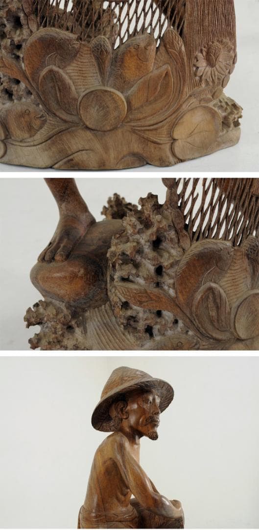 ★高級チーク無垢一本彫り 木彫『投網の男』