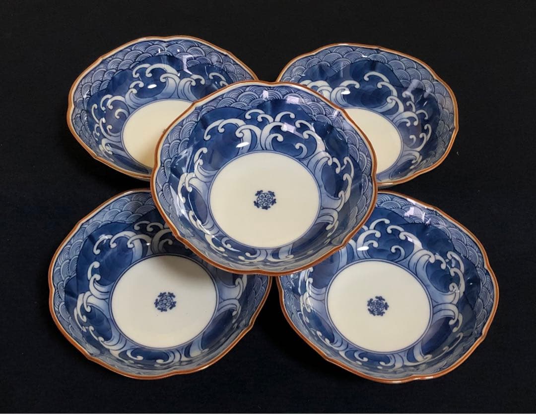 《レ》有田焼 源右衛門作 輪花 染付四海波 小鉢5客 共箱　251201お2