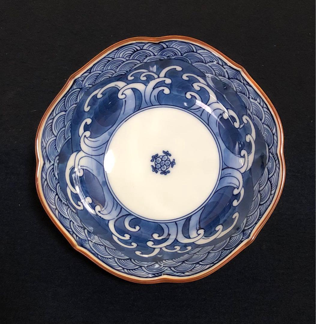 《レ》有田焼 源右衛門作 輪花 染付四海波 小鉢5客 共箱　251201お2