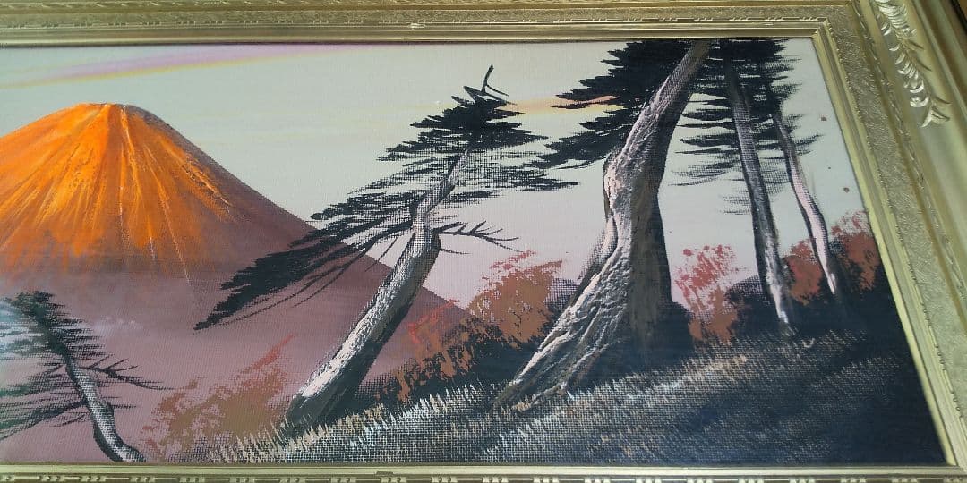 【風景画/富士山】赤富士　油絵　油彩画　立体画　インテリア　額装　額縁　置物